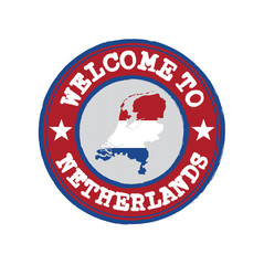 Vector Stamp of welcome to Netherlands with nation flag on map outline in the center.