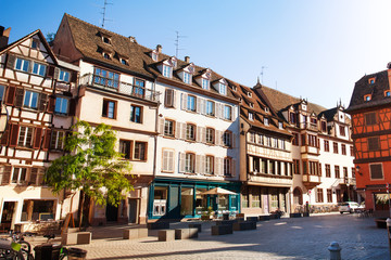 Strasbourg street with traditional French houses, France
