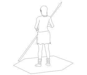 warrior woman character, 3D illustration, sketch, outline