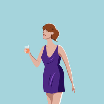 Woman tasting juice or cocktail, vector sketch