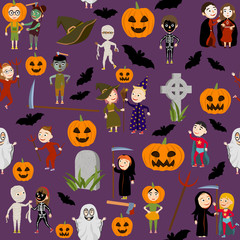 Seamless pattern. Funny girls and girls in scary costumes for celebrating Halloween. Trick or treat. Vector illustration of kids