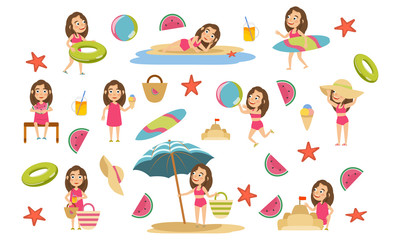 Set girl with brown hair in swimsuits on the beach. Summer holidays. Beach relax, games and surfing. Vector illustration
