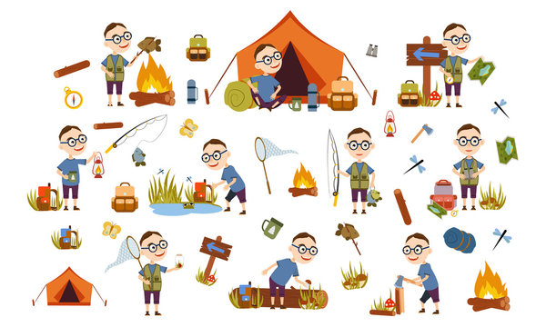 Set a boy with glasses tourist nature. Camping. Fishing, overnight, picking mushrooms, fun and relaxation. Children's camp. Scouts. Cute Vector Illustration