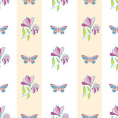 Vintage style hand drawn butterflies and flowers design. Seamless vertical geometric vector pattern with pastel stripes on white background. Great for wellness, beauty products, stationery, giftwrap