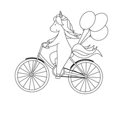 Cute little unicorn is riding a bicycle with balloons. Hand drawn black and white vector illustration for coloring book.
