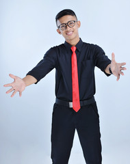 Handsome young asian business man happy and smiling do a hug gesture with glass and red tie