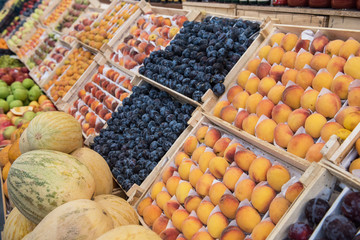 Assortment of fresh organic healthy fruits at the market
