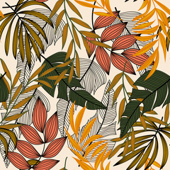 Trend abstract seamless pattern with colorful tropical leaves and plants on a light background. Vector design. Jungle print. Floral background. Printing and textiles. Exotic tropics. Fresh design.