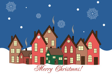  Christmas card with houses, snowy street, falling snowflakes and greeting inscription on the background of the night sky. Background. Vector.