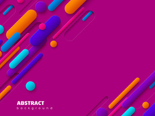 Dynamic abstract background with 3d geometric shapes. Minimal cover design in paper cut style, purple and orange colors. Vector illustration.