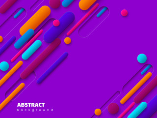 Dynamic abstract background with 3d geometric shapes. Minimal cover design in paper cut style, purple and orange colors. Vector illustration.