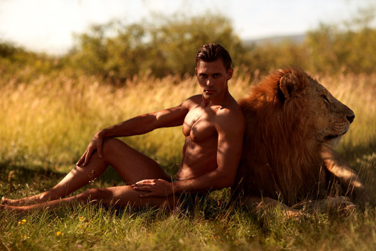 Male, sexy, sexually, model, safari, lion, man, lions, Nature, brave, Sexual, attractive, nature, zoo,  tourist, travel, tourism, exotic traveling, weekends, summer