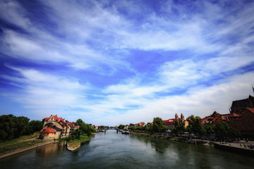 Bavarian City of Regensburg near Munich in Germany, Europe on a warm summer day