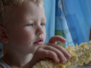 Young beautiful child with pleasure corn. boy blond in yellow T-shirt enjoys wonderful food. Ear of corn in hands.