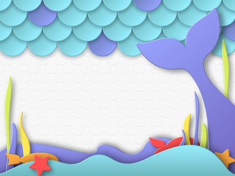 Birthday party design for little girls. Mermaid underwater composition in  3d paper cut style. Fish scales and mermaid tail elements. Place for text.  Vector illustration. Stock Vector | Adobe Stock