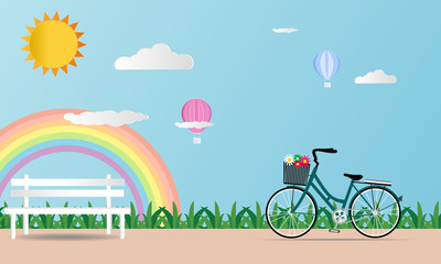 Fototapeta premium Love card Valentines day on soft blue background With bicycle balloon rainbow and Heart. Design Vector illustration paper art concept