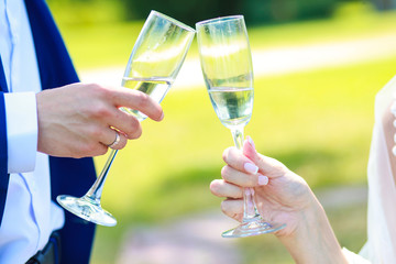 wedding couple with glasses of champagne in hands