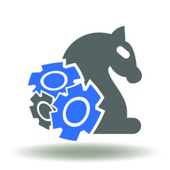 Strategy Management Business Logo. Chess figure horse with cog wheel mechanism icon vector.