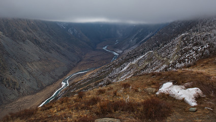 Russia. mountain Altai. Early morning at the Katu-Yaryk pass with views of the Chulyshman river...