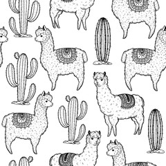 Alpaca seamless pattern. Hand drawn vector illustration. Cute llamas and cactus. Alpaca, llama, cactus background.
