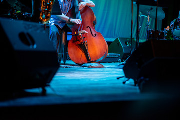 Artist playing double bass live on stage during music event - obrazy, fototapety, plakaty