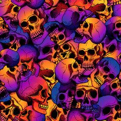 Vector seamless pattern with human skulls. Gradient fill, bright trend colors: purple, orange, blue on a black background. Background for Halloween. - 278983651