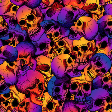 Vector seamless pattern with human skulls. Gradient fill, bright trend colors: purple, orange, blue on a black background. Background for Halloween.