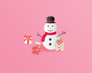 Merry Christmas and Happy new year greeting card in paper cut style. Vector illustration Christmas celebration background with Snowman and gift box. Banner, flyer, poster, wallpaper, template.