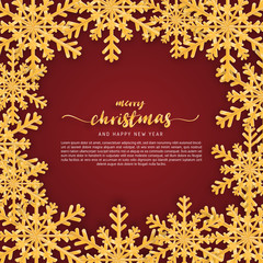 Merry Christmas and Happy new year greeting card in paper cut style background. Vector illustration Christmas celebration with origami made snowflakes frame on red background. Brochure, banner, flyer