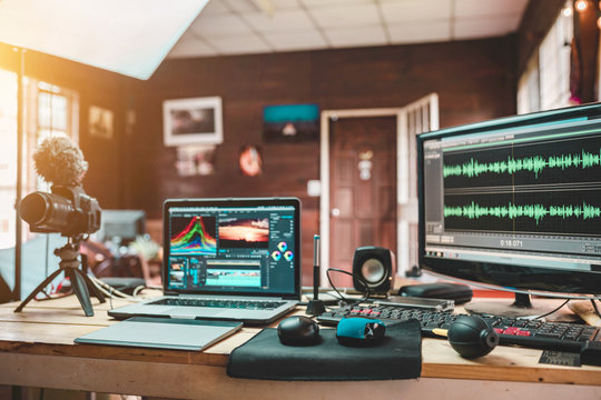 House Studio Desk Of The Content Creator Or Vlog Sound Engineer Create The Mixed Sound Video Lifestyle Of A Freelancer And Equipment The Laptop Camera And Monitor Preview