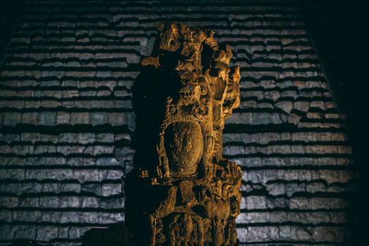 Ancient mayan sculpture at ruin in Copan Ruins, Honduras