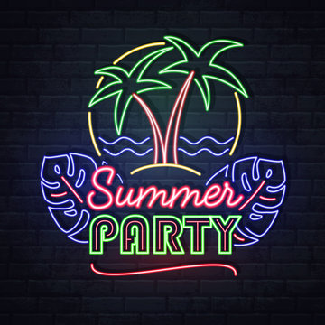 Neon Sign Summer Party With Fluorescent Palm Tree And Tropic Leaves. Vintage Electric Signboard.