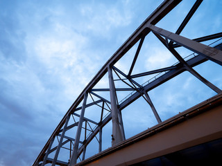 The American railway bridges on the Obvodny Channal in the evening. Industrial architecture in city center. St. Petersburg, Russia