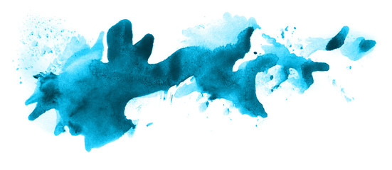 Abstract watercolor background hand-drawn on paper. Volumetric smoke elements. Cyan blue color. For design, web, card, text, decoration, surfaces.