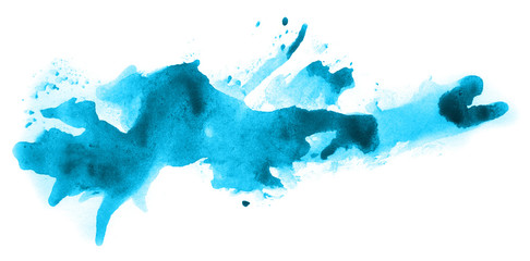 Abstract watercolor background hand-drawn on paper. Volumetric smoke elements. Cyan blue color. For design, web, card, text, decoration, surfaces.