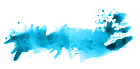 Abstract watercolor background hand-drawn on paper. Volumetric smoke elements. Cyan blue color. For design, web, card, text, decoration, surfaces.