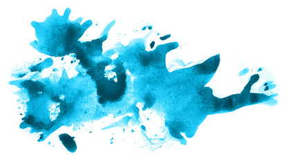 Abstract watercolor background hand-drawn on paper. Volumetric smoke elements. Cyan blue color. For design, web, card, text, decoration, surfaces.