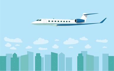 Business jet over the city. Side view. Vector flat style illustration