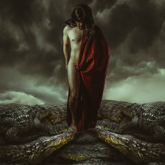 mountain of crocodiles, man on, risk and value concept