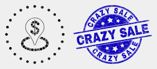 Pixel bank placement mosaic icon and Crazy Sale seal. Blue vector rounded grunge seal stamp with Crazy Sale title. Vector combination in flat style.