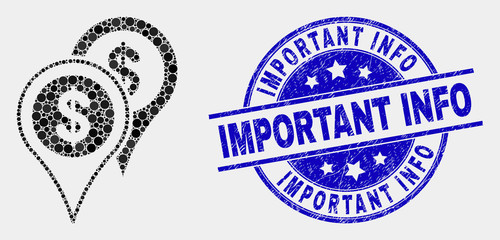 Dot bank map markers mosaic icon and Important Info seal stamp. Blue vector round distress stamp with Important Info title. Vector collage in flat style.