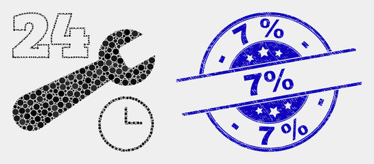 Dotted 24-7 repair service mosaic pictogram and 7% seal. Blue vector round scratched stamp with 7% phrase. Vector composition in flat style.