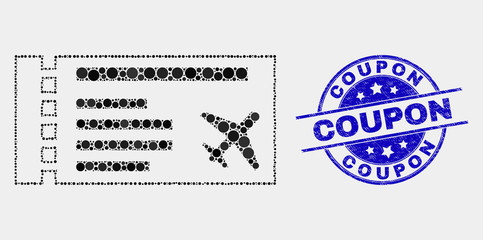 Pixelated airticket mosaic pictogram and Coupon seal stamp. Blue vector rounded distress stamp with Coupon text. Vector composition in flat style. Black isolated airticket mosaic of scattered dots,