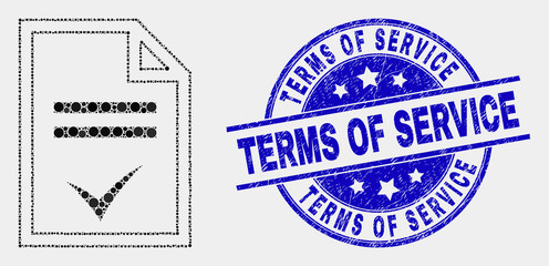 Dotted agreement page mosaic icon and Terms of Service seal stamp. Blue vector round distress seal stamp with Terms of Service caption. Vector composition in flat style.