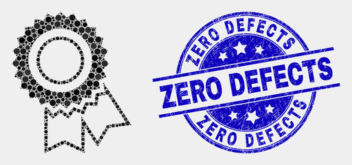 Dot award seal mosaic icon and Zero Defects stamp. Blue vector rounded distress stamp with Zero Defects caption. Vector composition in flat style.