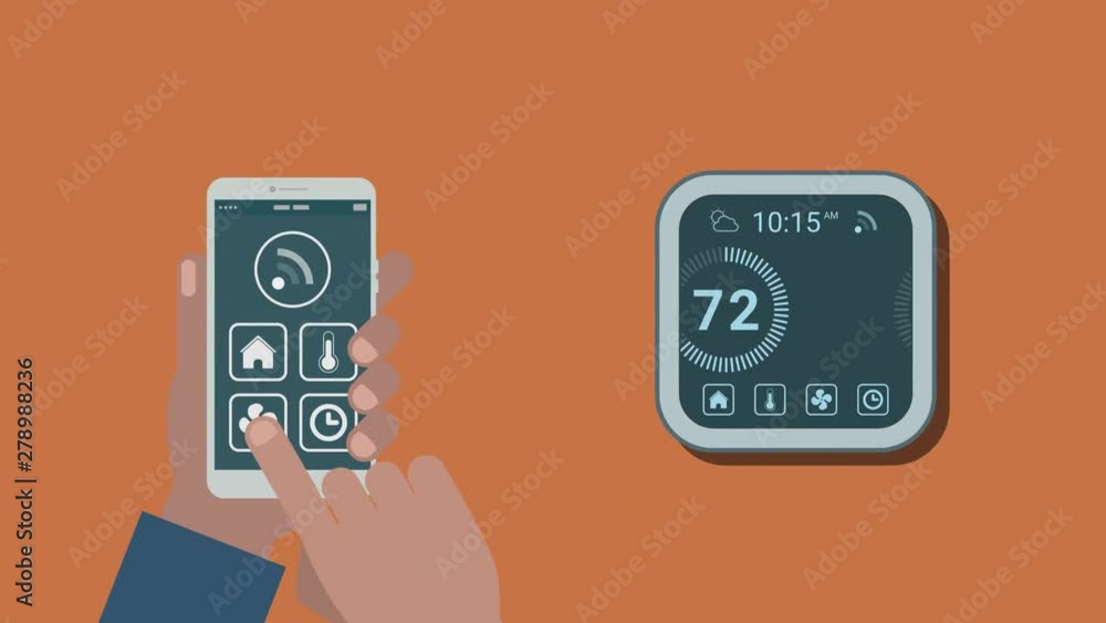 Poster remote control with a smartphone app of a smart thermostat, concept of internet of things and home a