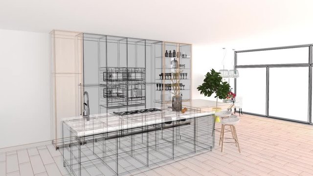 Fly through in a domestic modern kitchen with stove, stove and shelving, 3d render, 3d illustration, three-dimensional environment, architecture, engineering