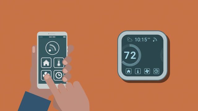 remote control with a smartphone app of a smart thermostat, concept of internet of things and home automation, seamless loop, flat cartoon style, luma matte for background replacement