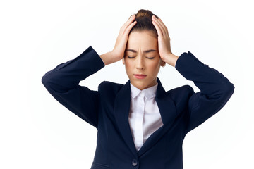 young woman with headache isolated on white