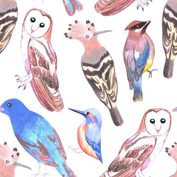 Endangered birds seamless watercolor background